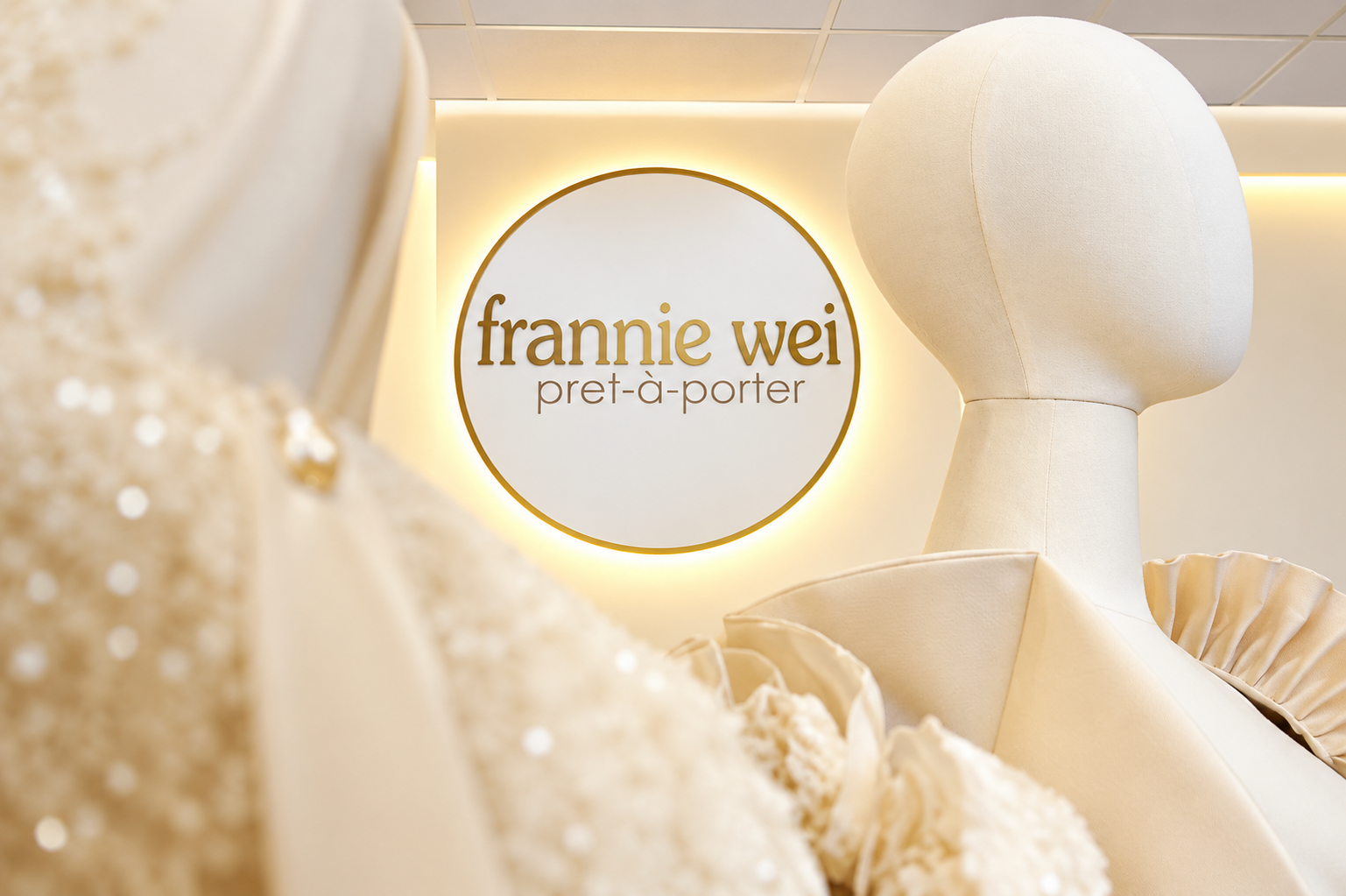Frannie Wei Pret-A-Porter bridal gowns hanging in the atelier